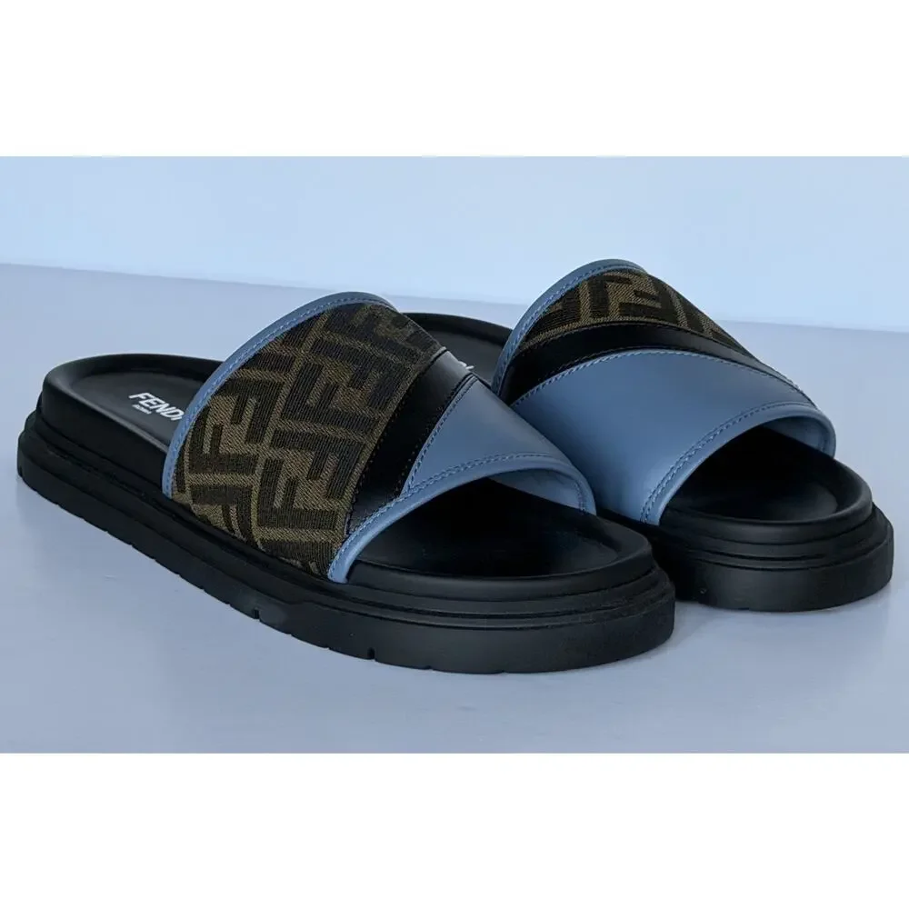 Fendi Men's FF Diagonal Leather/Fabric Slide Sandals 10 US/9 UK 7X1674 NWT $595